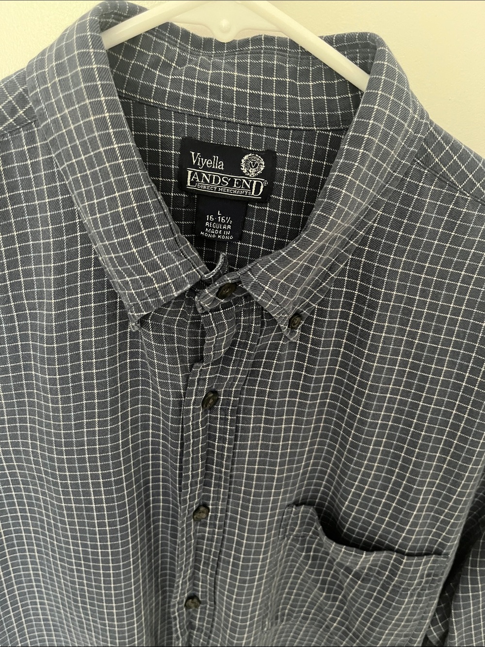 Lands' End Men's Gray and White Checked Button-Down Shirt